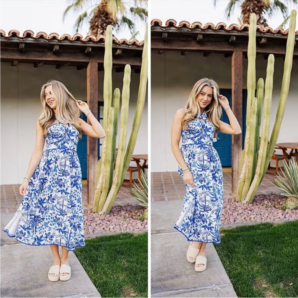J. Marie Hayden Blue White Ric Rac Midi Dress